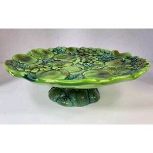Vintage Inarco Green Mist Ceramic Pedestal Base Cake Stand Fruit Pattern Japan